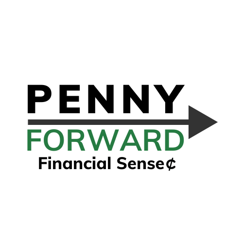 Penny Forward logo featuring an arrow pointing forward, symbolizing progress and direction. "Financial Sense¢" under logo.