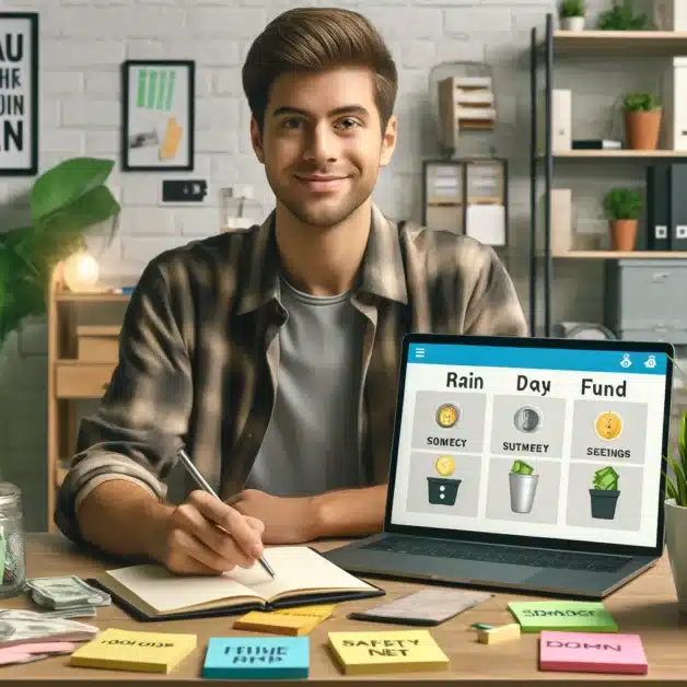 A young adult is sitting at a desk with a laptop open, displaying a financial planning app on the screen. The desk has sticky notes and a notebook with labels like 'Rainy Day Fund,' 'Safety Net,' and 'Future Savings.' The background includes a neat home office with a plant, shelves, and a motivational poster. The person is smiling, looking satisfied with their financial planning.