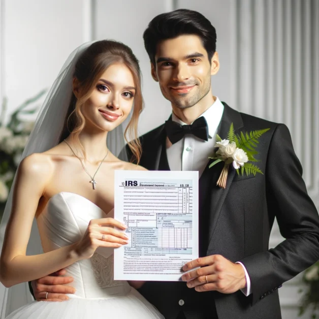 A bride and groom holding an IRS tax form. The bride is in a white wedding dress, and the groom is in a black suit with a white shirt and bow tie. Both are smiling and looking at the camera. They are holding the tax form between them