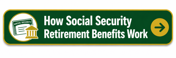 Green and gold button with a Social Security card and government building icon that reads, “How Social Security Retirement Benefits Work,” with a right-pointing arrow icon.