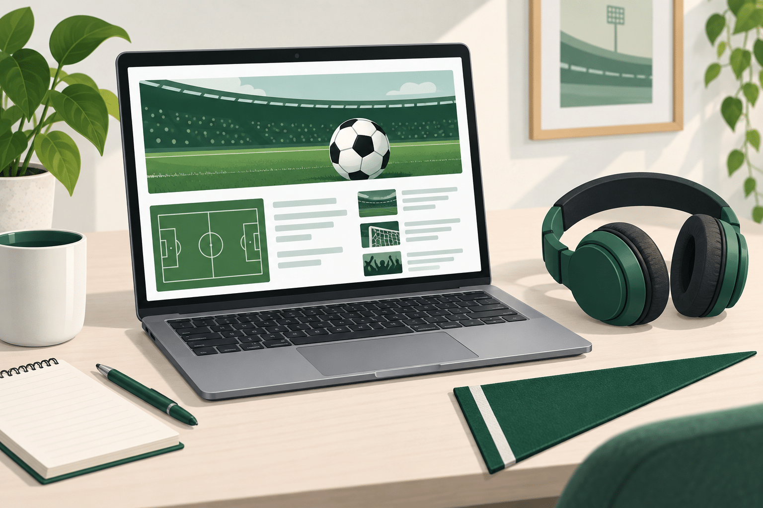 Illustration of a laptop showing a sports website beside headphones and a green fan pennant.